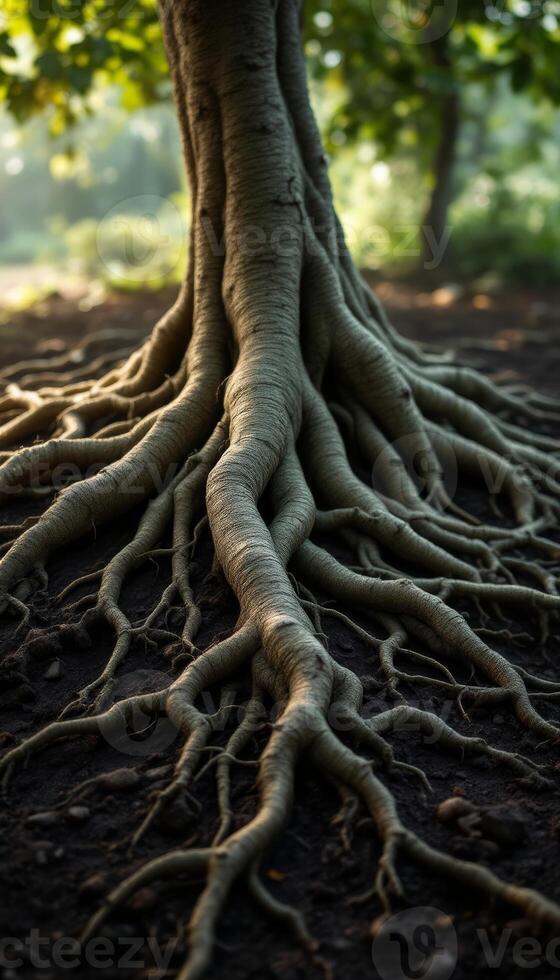 The intricate roots of a mature tree reaching deep into the earth in a mystical forest setting photo