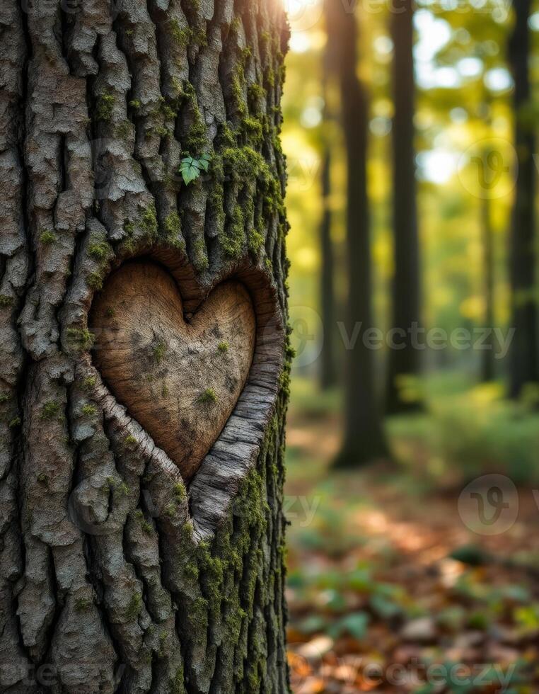 A Heart Carved Into Time The Moss Covered Bark Of A Loving Tree In A Sunlit Forest photo