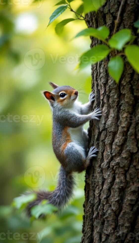 Squirrel,s Acrobatic Climb A Playful Ascent Up a Textured Tree in a Forest Environment photo