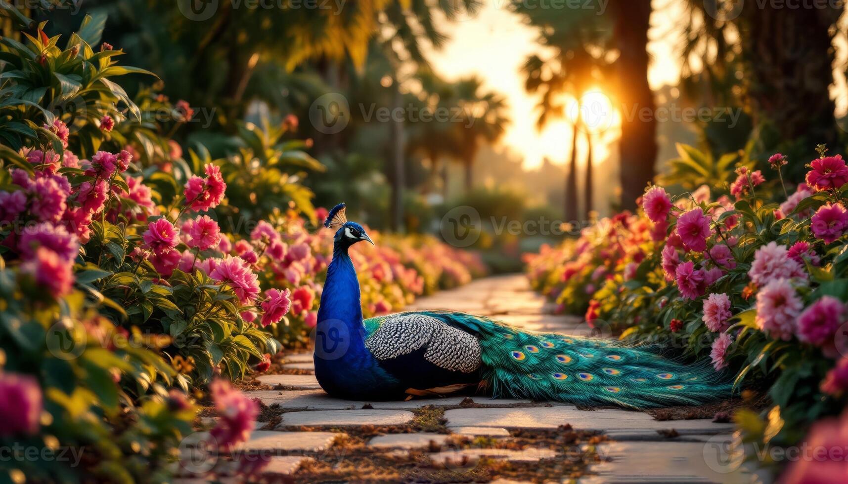 Peacock Resting Among Blossoms as Golden Sunrise Lights the Garden Path photo