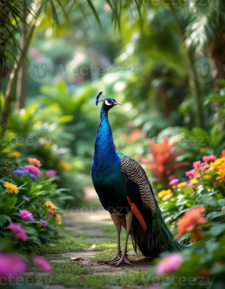 A majestic peacock strolls through a vibrant garden path bursting with colorful flowers photo