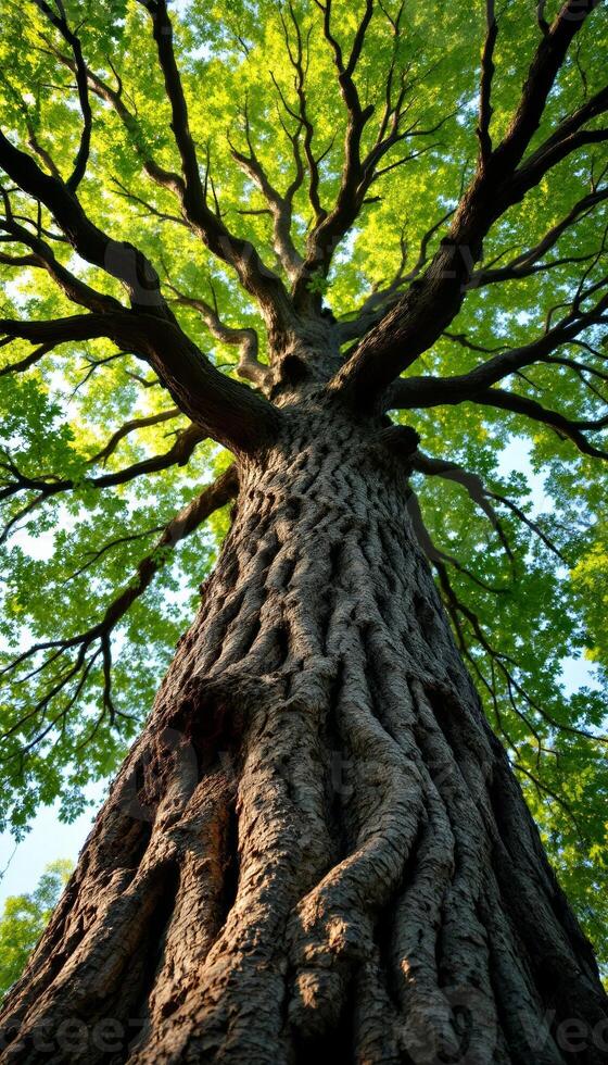 Looking Up at the Textured Trunk of a Towering Tree in Spring Sunlight photo