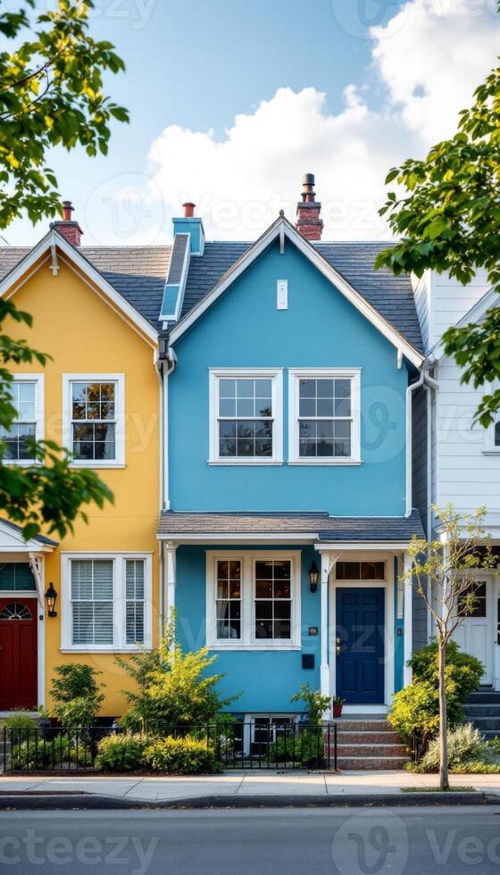 Vibrant row houses display a spectrum of color under a bright blue sky with puffy white clouds photo