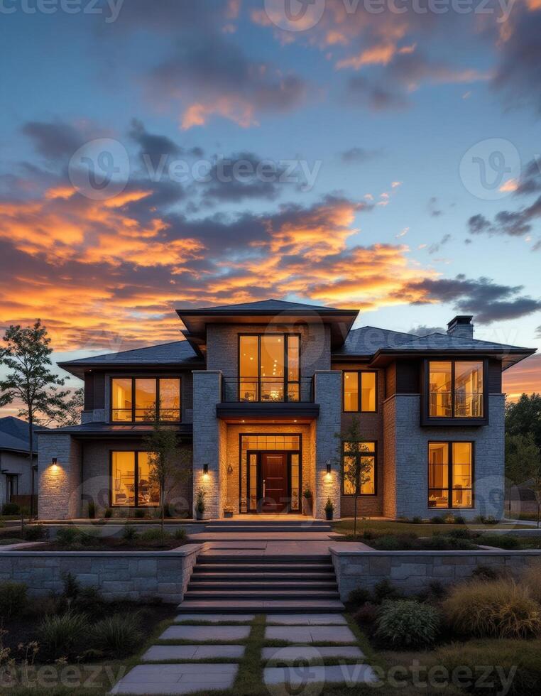 Luxury Modern Home Gleaming Under the Vibrant Colors of a Twilight Sky photo