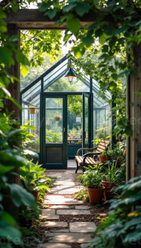 A lush greenhouse retreat framed by verdant foliage and a stone path leading to a peaceful sanctuary photo