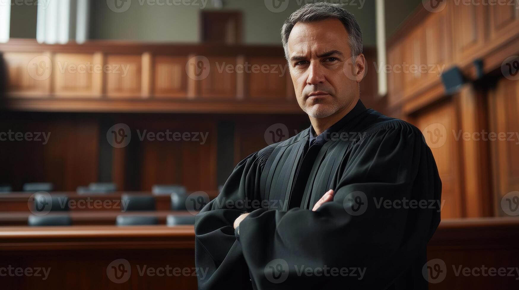 Serious male judge standing in empty courtroom with wooden interior elements photo