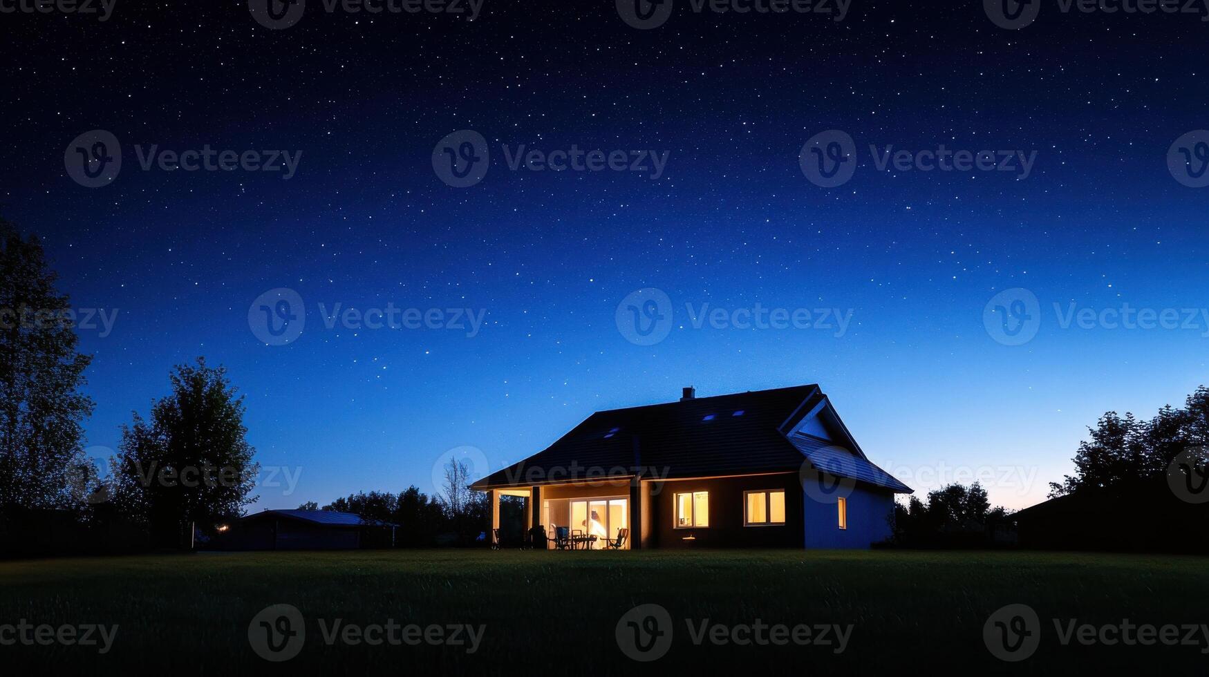 Cozy house illuminated under a starry night sky in quiet countryside photo