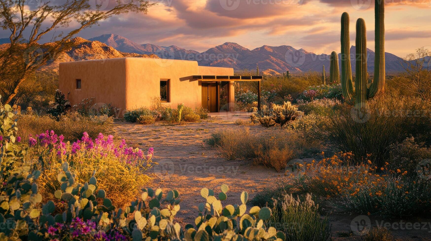 Desert house at sunset with cactus and flowering plants in arid landscape photo