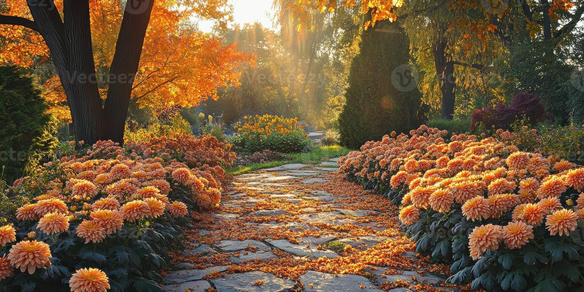 Sunlit autumn pathway surrounded by vibrant orange chrysanthemums in a serene garden setting photo