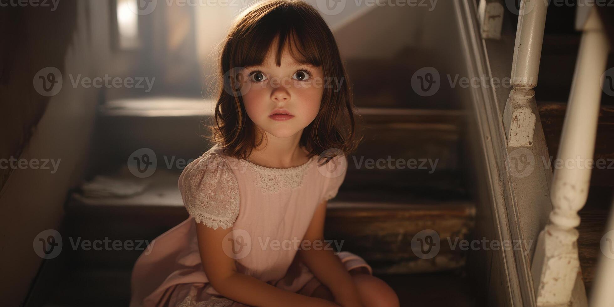 Little girl sitting on a staircase gazing with curiosity and wonder photo