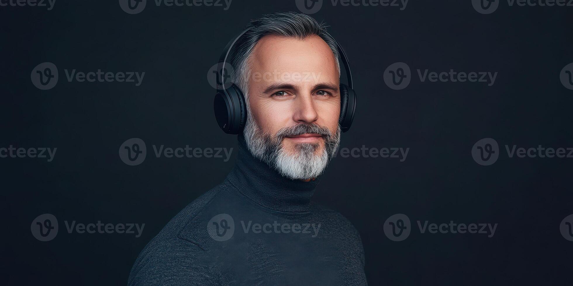 Mature man with gray beard listening to music on wireless headphones photo