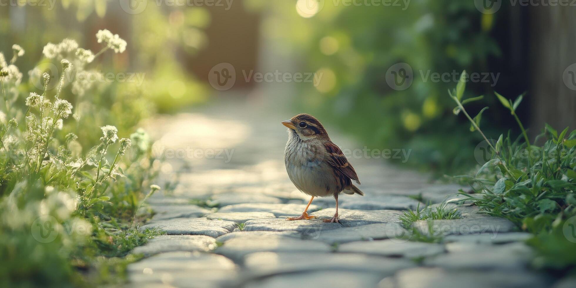 Small bird on cobblestone path surrounded by greenery in a peaceful garden setting photo