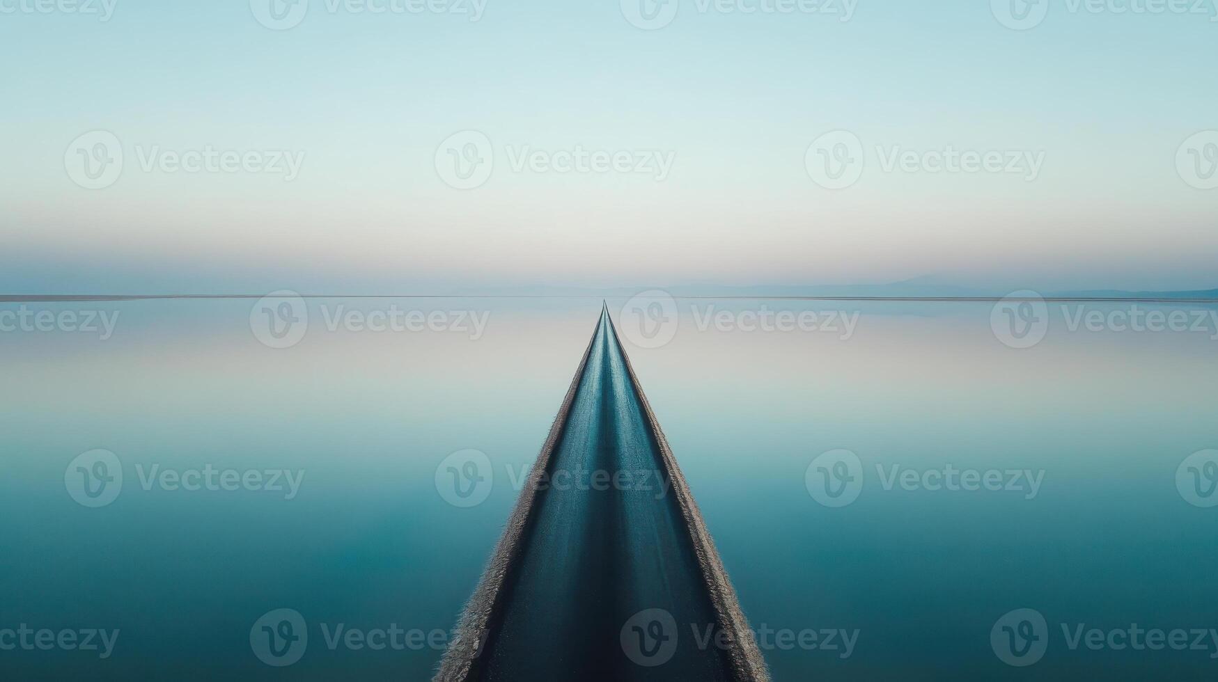 Tranquil highway reflecting on calm water at sunrise creating symmetry photo