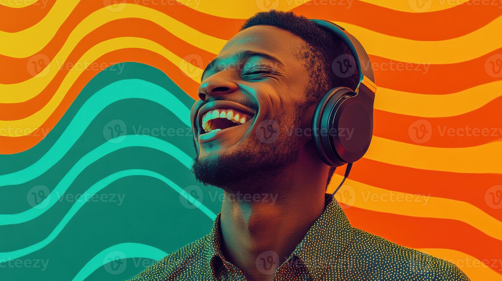 Joyful young man listening to music with headphones against vibrant wavy background photo