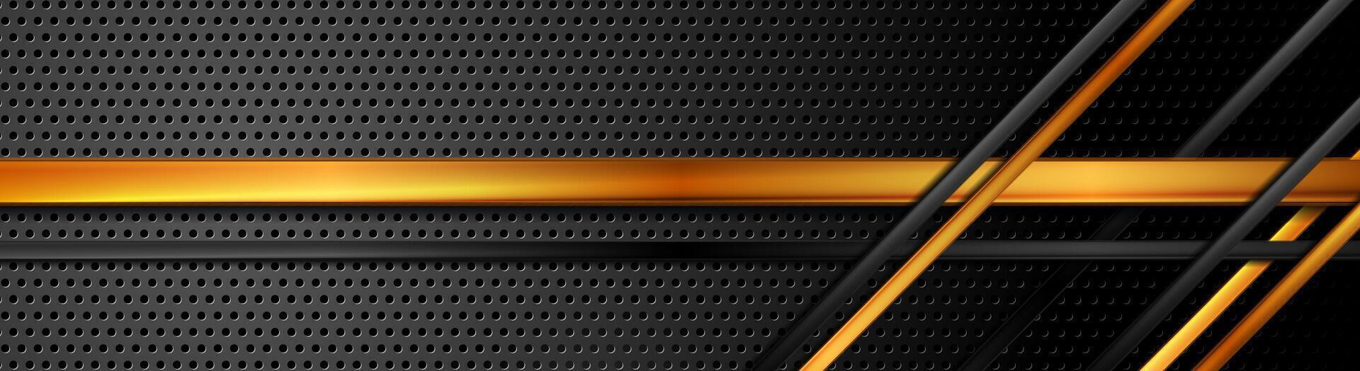 Black and golden glossy stripes on dark perforated background vector