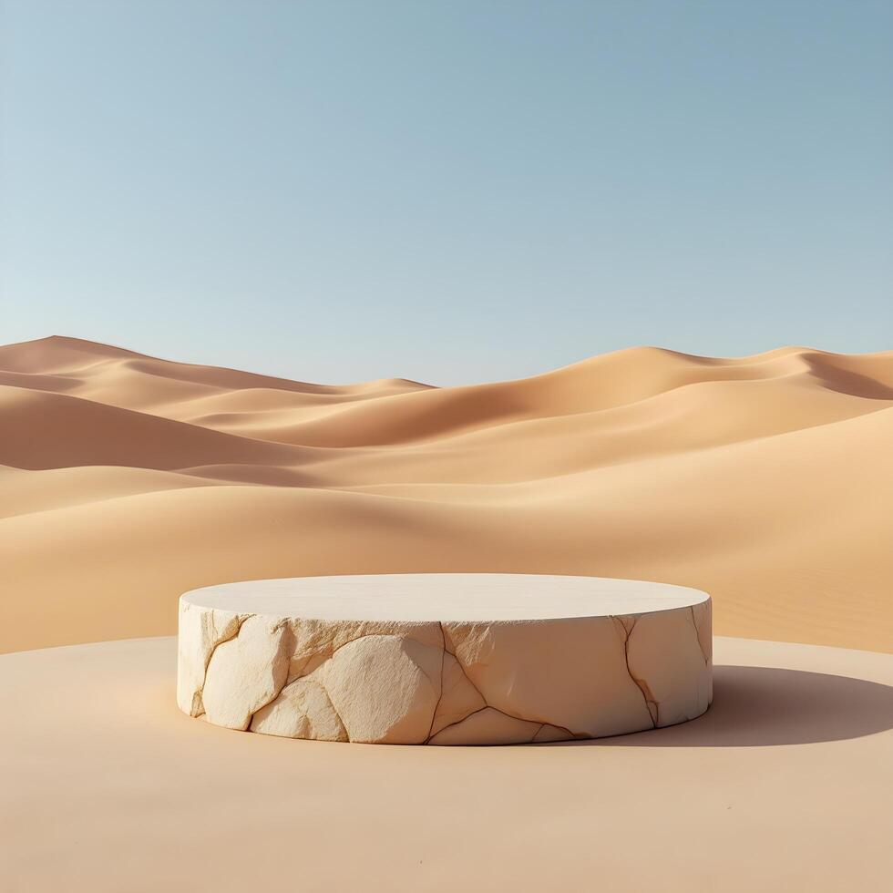 An empty stone podium for product in the desert with sand dunes background photo
