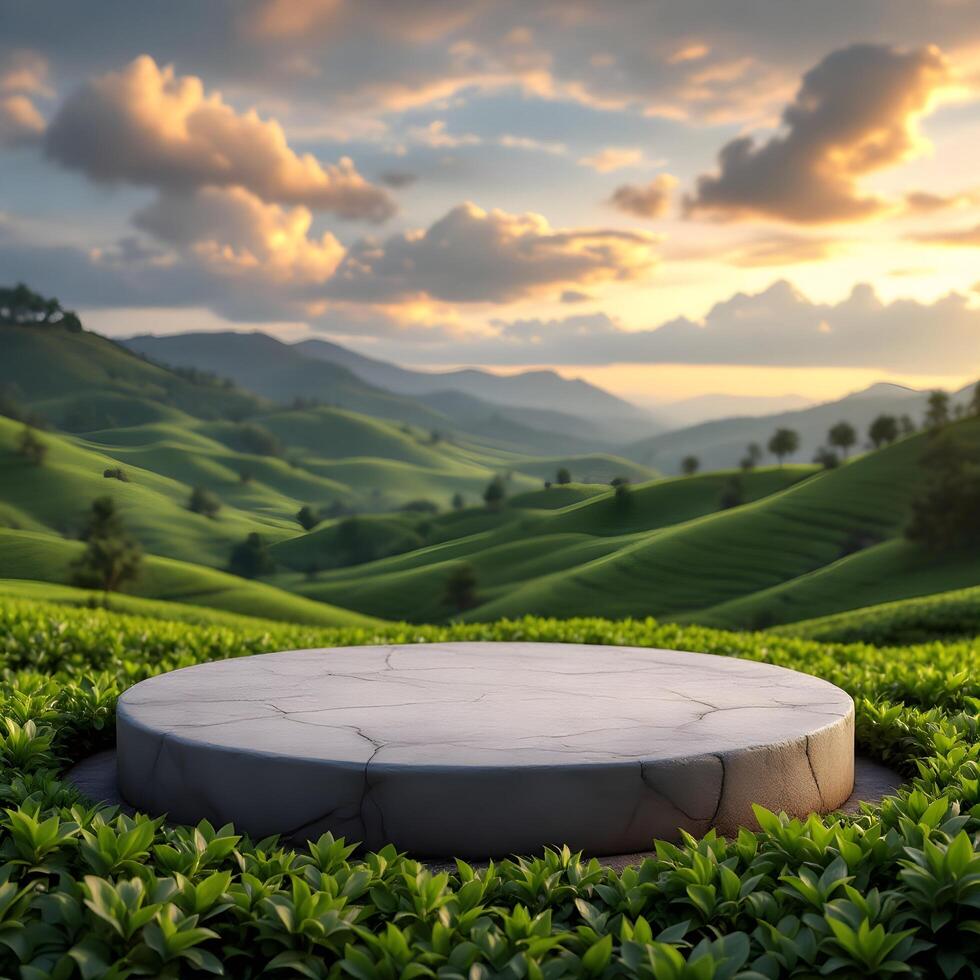 A stone platform for product in the middle of a green tea field photo