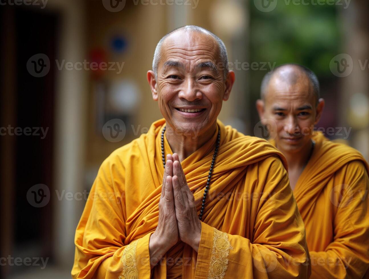 Smiling monks in orange robes practicing gratitude in serene temple surroundings photo