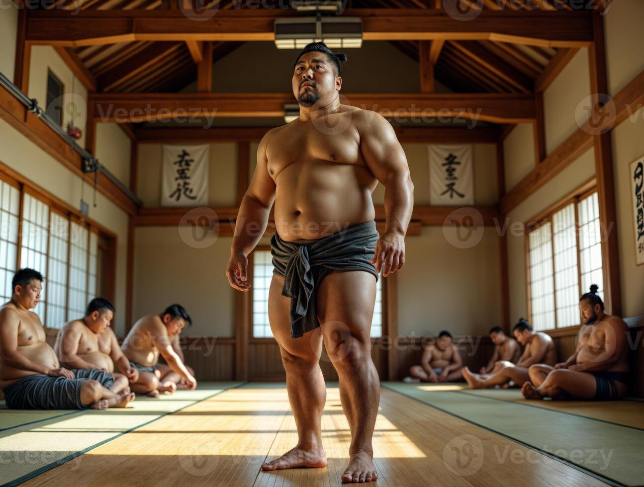 Sumo wrestlers training in traditional dojo with wooden floors and paper lanterns photo