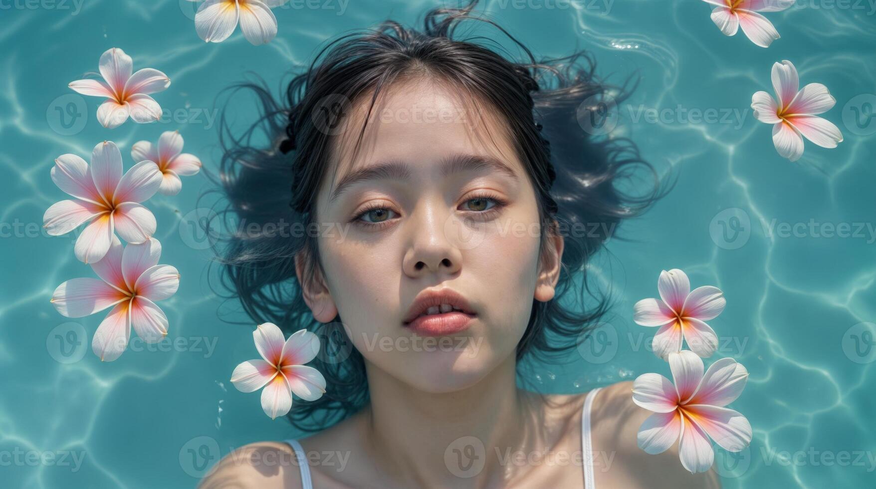 Girl floating in water surrounded by flowers during a sunny day photo