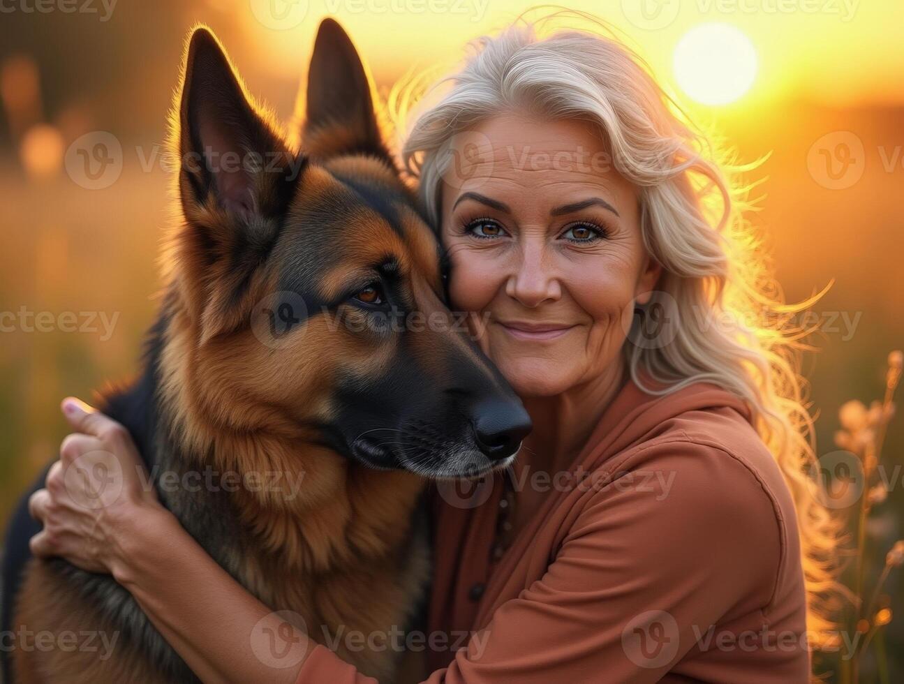 Happy woman embraces her loyal German shepherd in a golden sunset in a grassy field photo