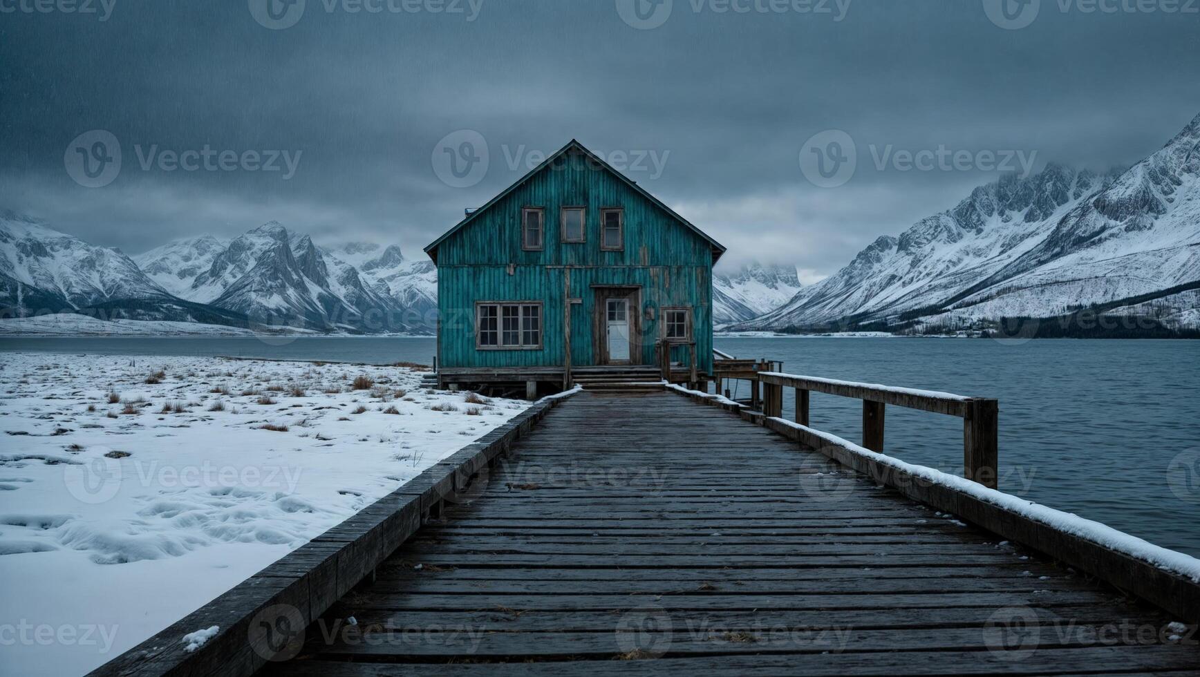 Rustic blue house on a wooden pier surrounded by snow-capped mountains in the evening light photo