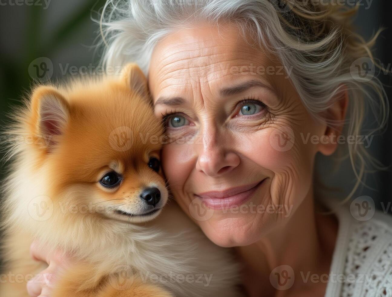 Older woman joyfully interacts with her fluffy pomeranian companion indoors photo