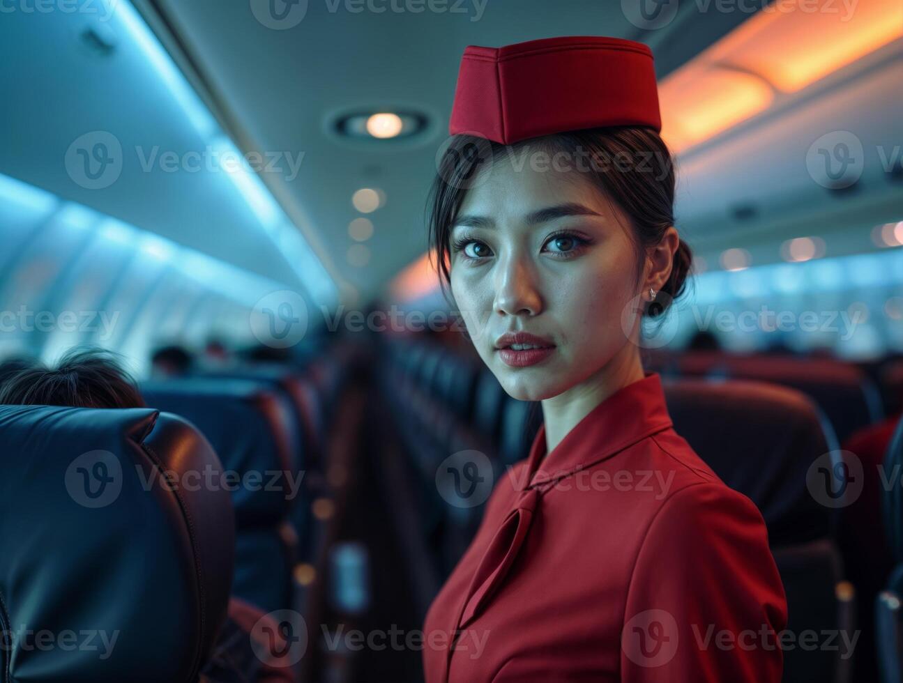 Flight attendant in elegant red uniform amidst airplane cabin during evening flight photo
