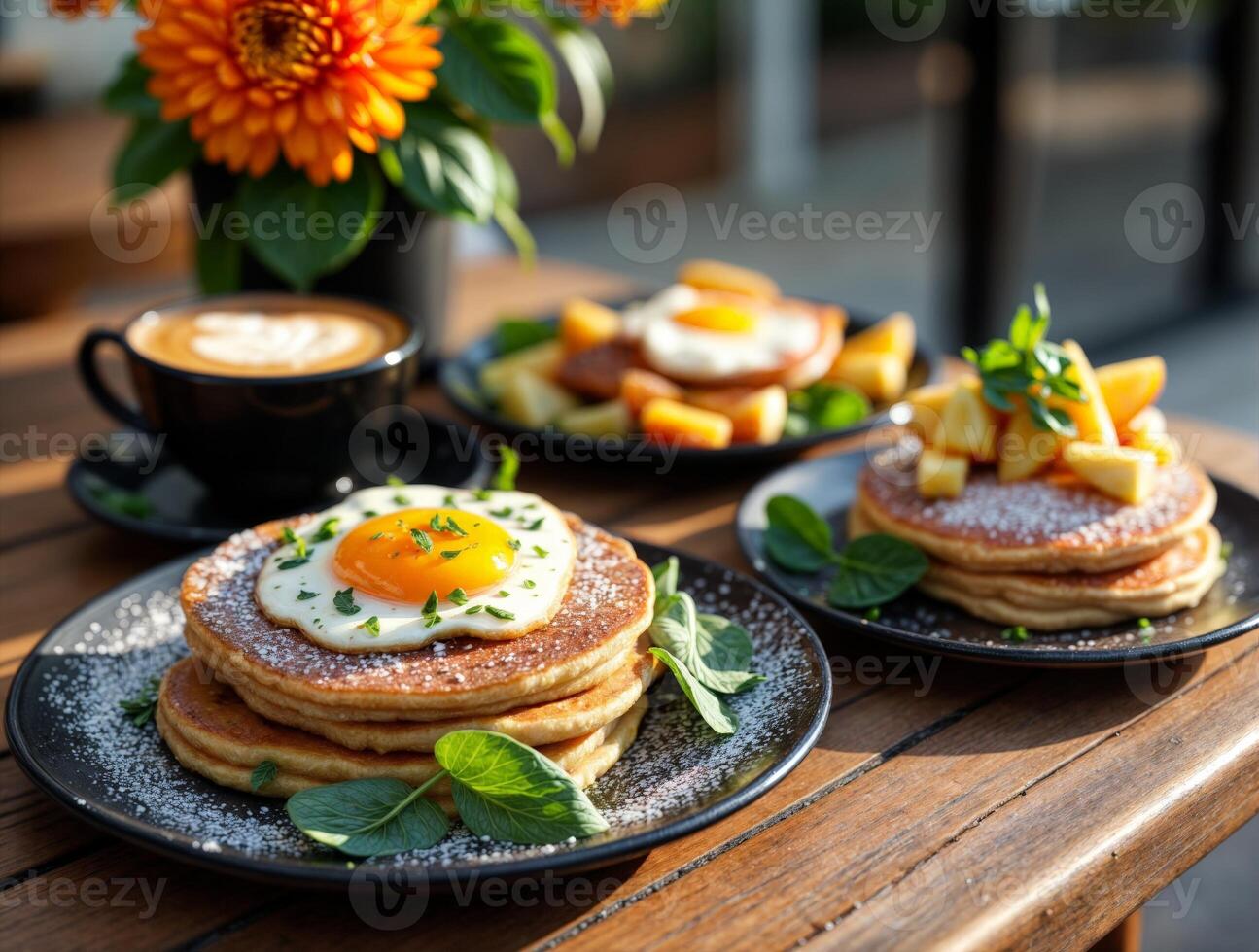 Delicious breakfast featuring pancakes, eggs, and coffee at a sunny cafe photo
