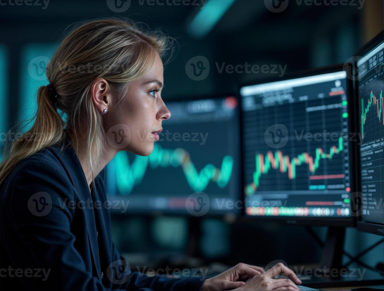 Professional woman analyzing stock market data on multiple computer screens at night photo