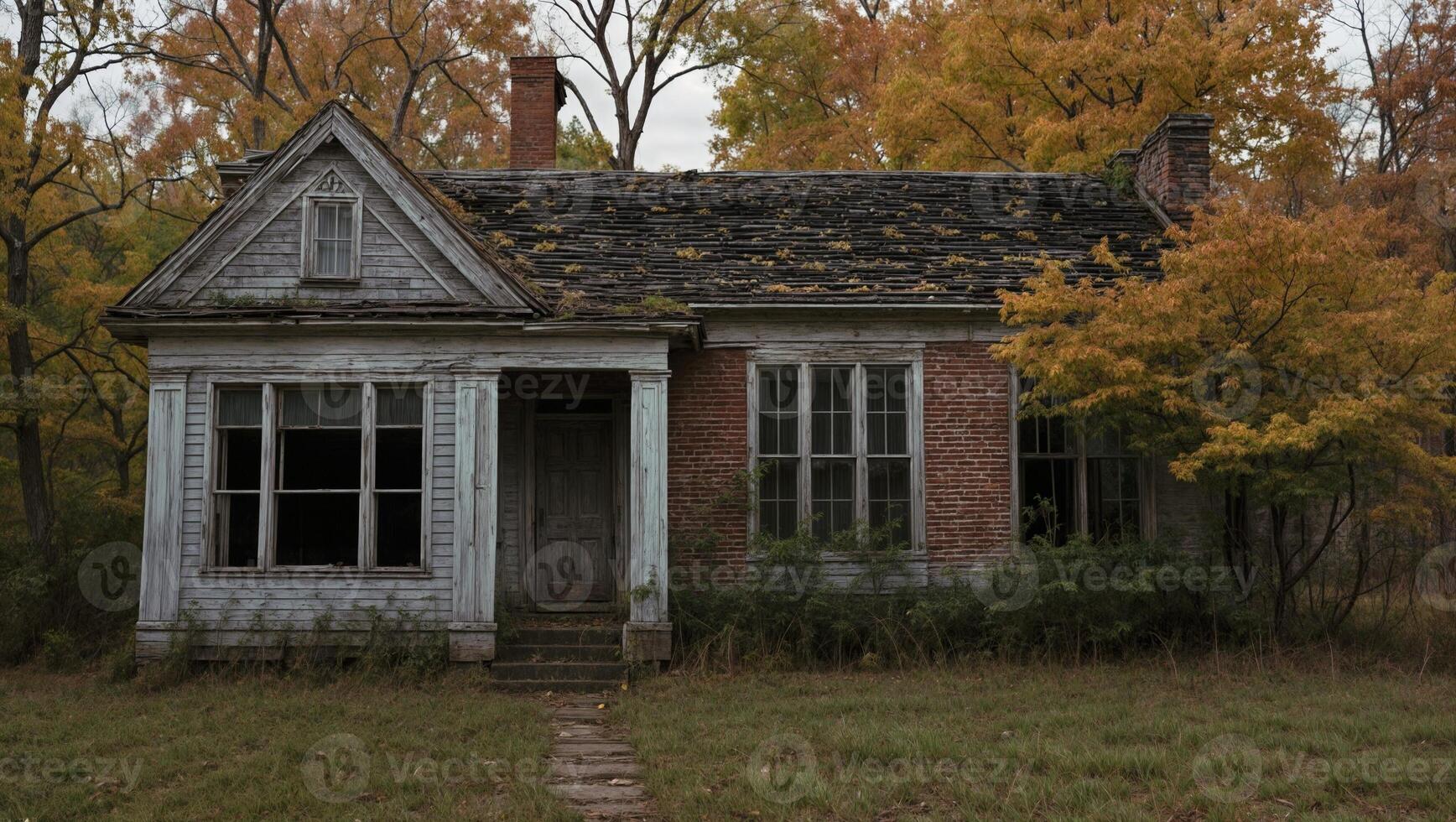 Abandoned house with overgrown lands surrounded by autumn foliage in a rural setting photo