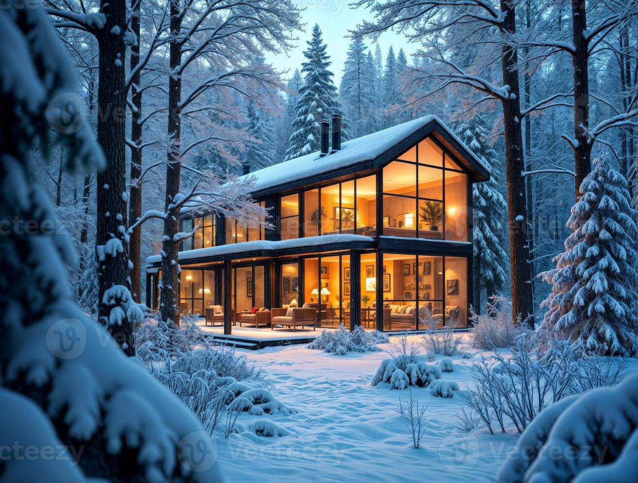 Cozy cabin nestled in a snowy forest during twilight offers warmth and serenity photo