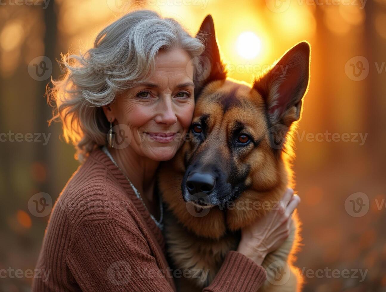 Woman embraces her German Shepherd in a forest at sunset, radiating warmth and joy photo