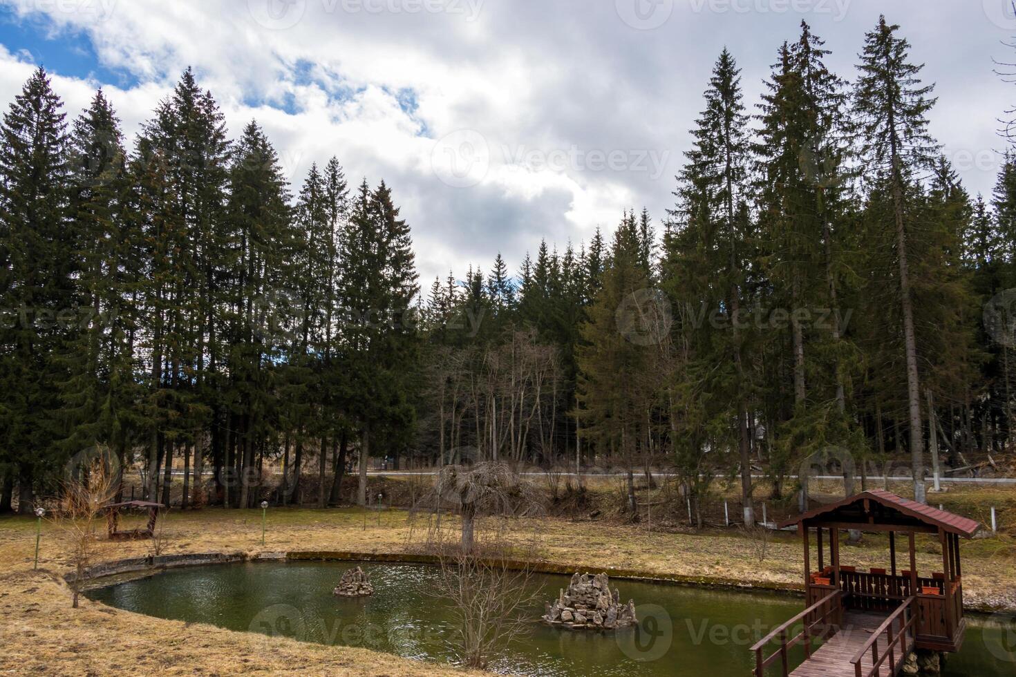 A pond surrounded by trees and a gazebo photo