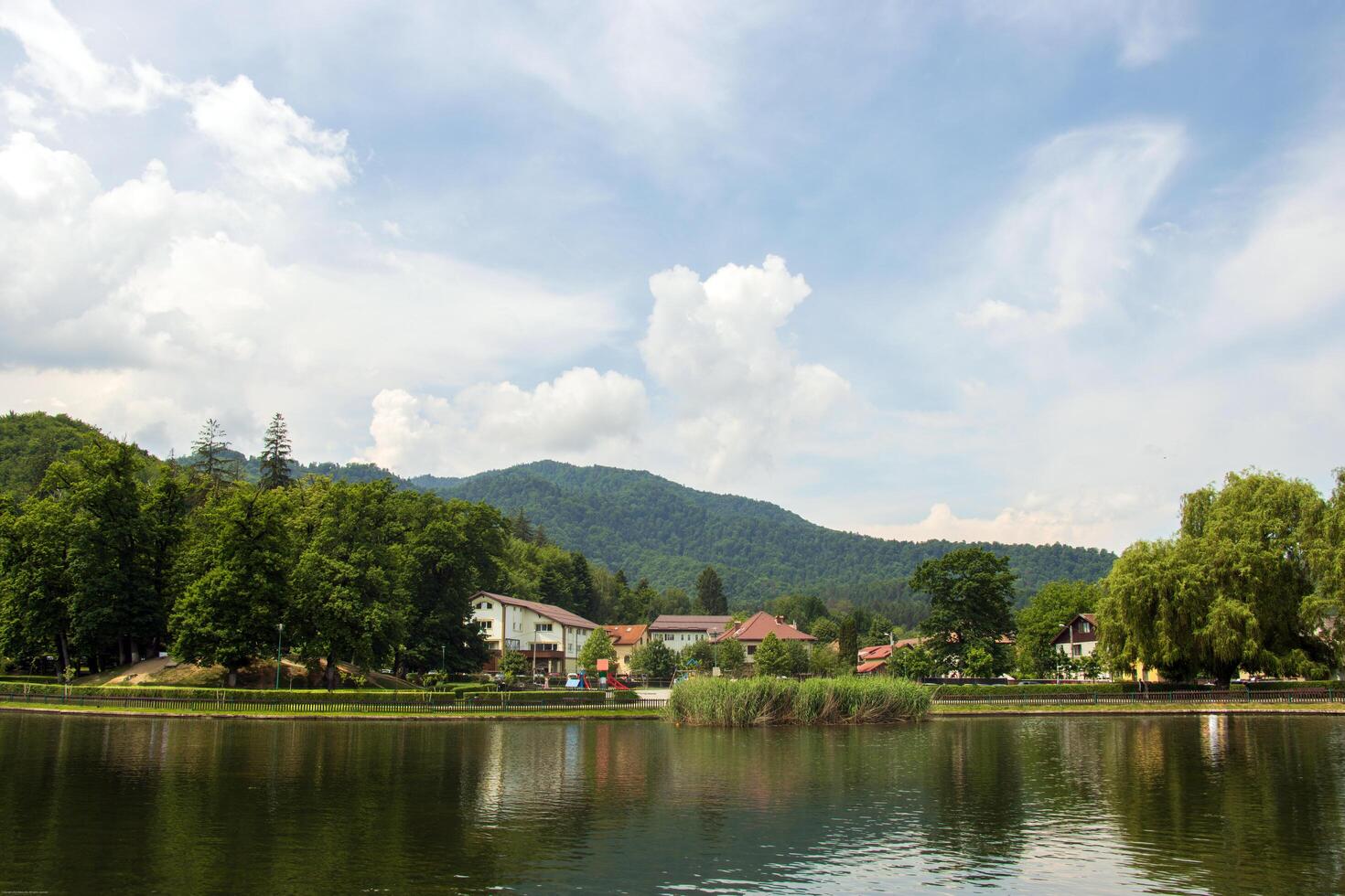 Scenic view of lake with forest and mountains in the distance photo