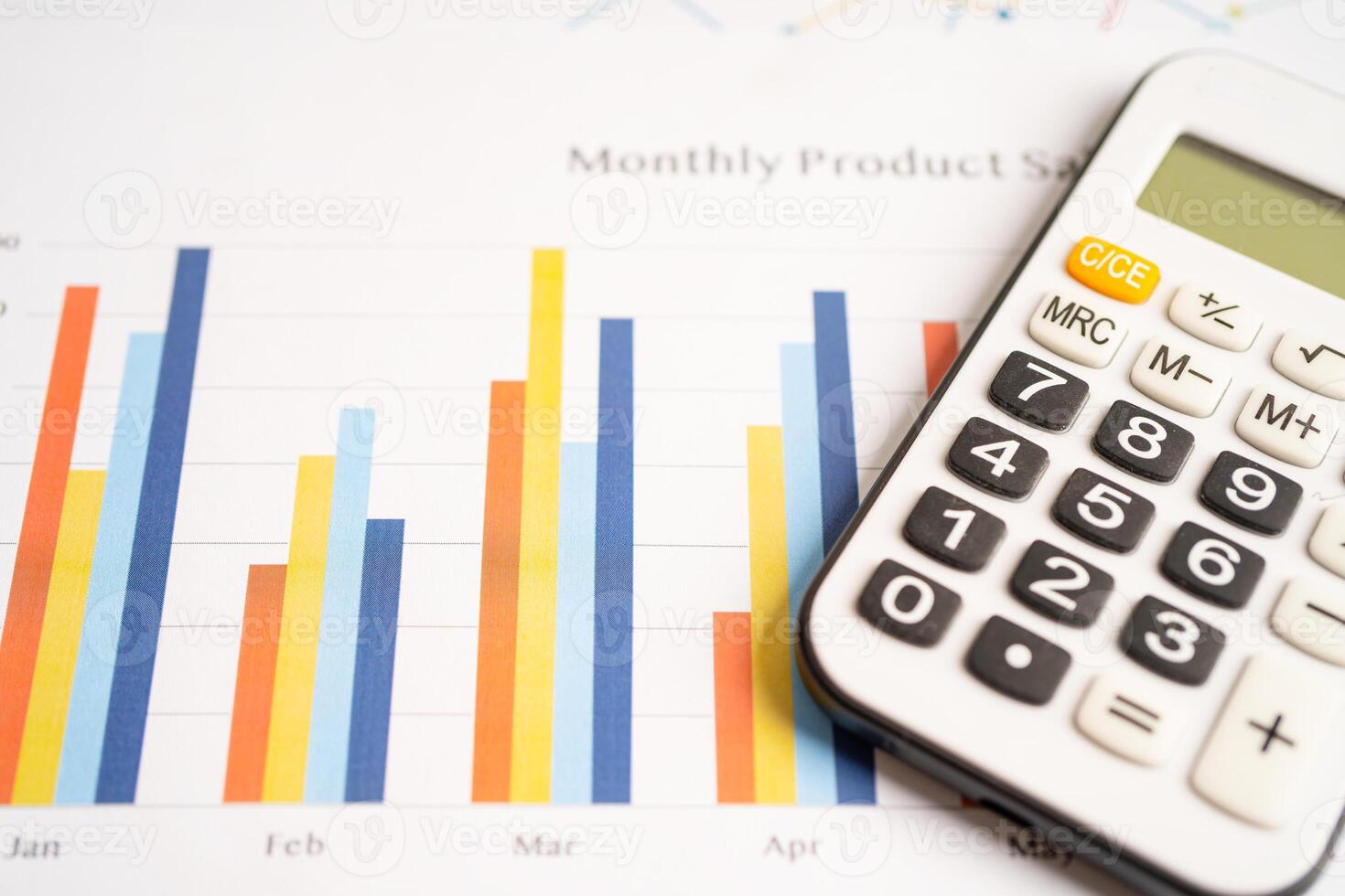 Calculator on chart graph paper. Finance, account, statistic, investment data economy, stock exchange business. photo