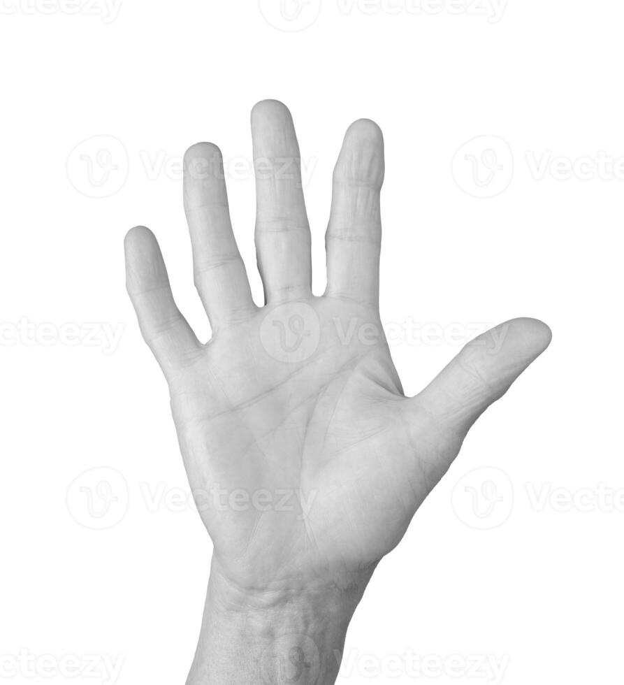 Open palm gesture. Senior woman s wrinkled hand with fingers spread wide, symbolizing greeting, photo