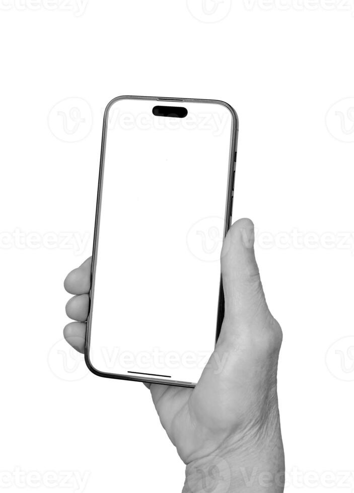 Smartphone mockup. Senior Caucasian woman s wrinkled hand holding a smartphone, front view photo