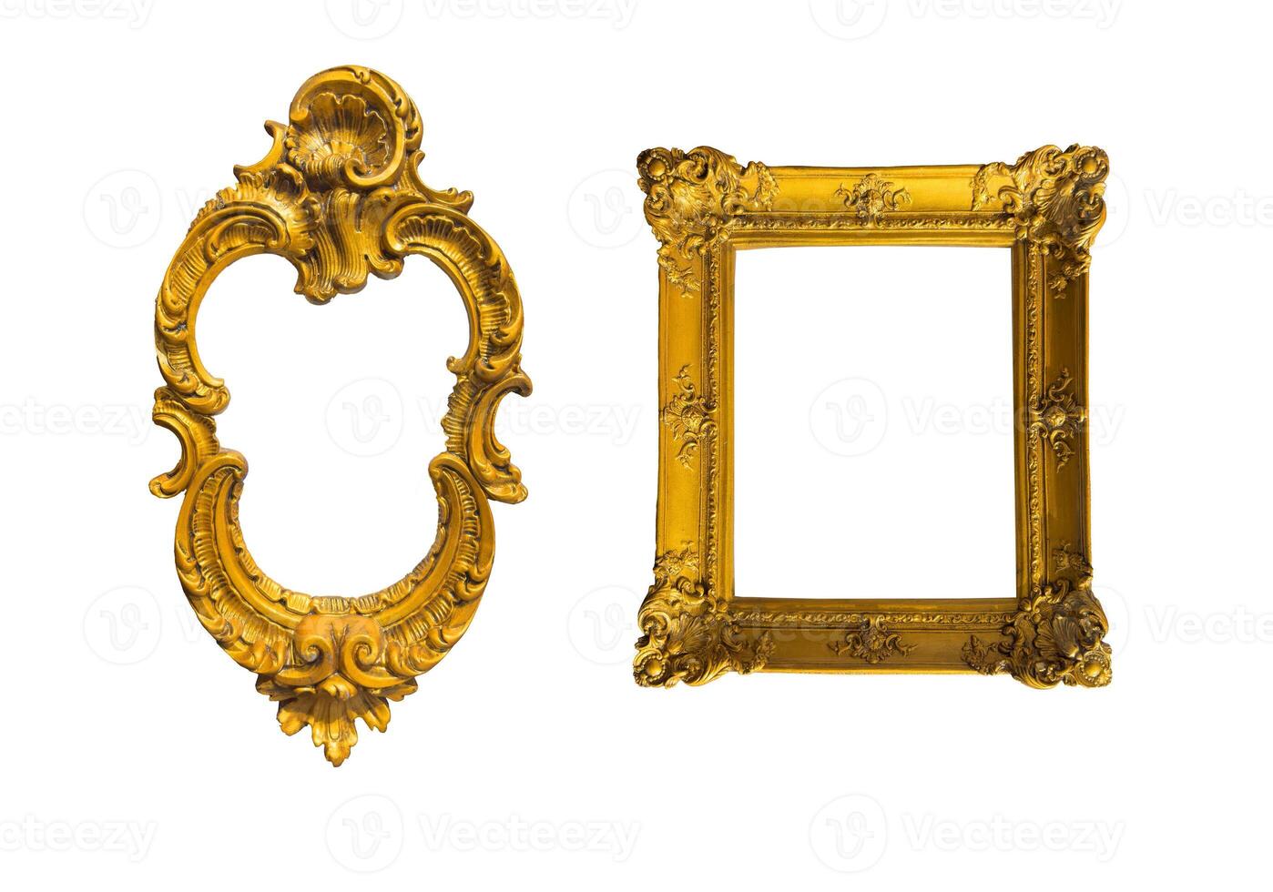 Vintage picture frame set. Ornate, classic designs in gold and yellow, baroque-style rectangular and photo