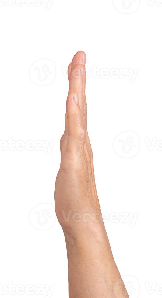 Salute gesture. Senior woman s wrinkled hand held straight and vertical with fingers extended, photo