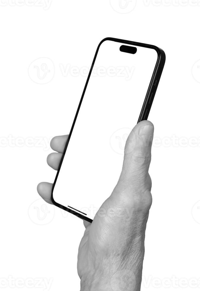 Smartphone mockup. Senior woman s wrinkled hand holding a mobile device, tilted to showcase the photo
