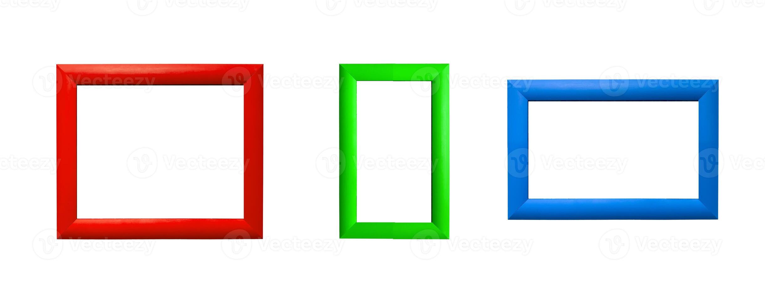 Picture frames set. Modern rectangular designs in red, green, and blue borders, various sizes for photo