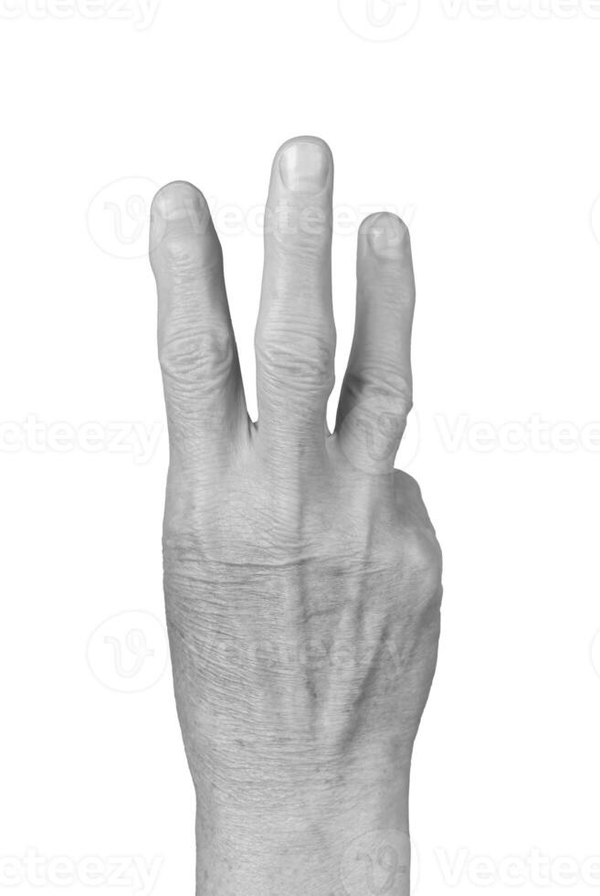 Three finger gesture. Senior woman s wrinkled hand with three fingers raised, symbolizing the number photo
