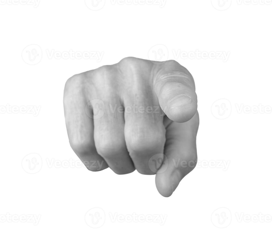 Pointing gesture. Senior woman s wrinkled hand with the index finger extended, indicating choice, photo