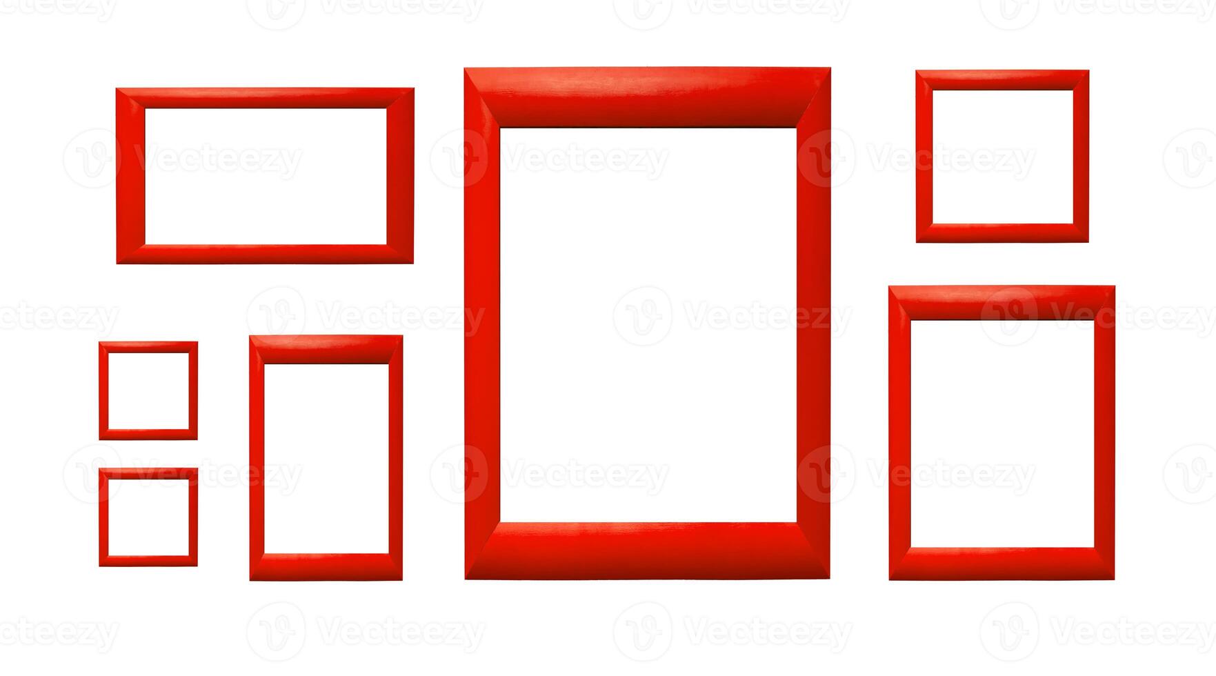 Gallery wall frame set. Modern arrangement of rectangular, square, vertical frames in bright red, photo