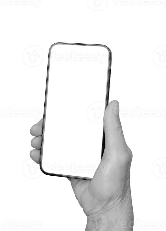 Smartphone mockup. Senior woman s wrinkled hand holding a mobile device, front view showcasing the photo