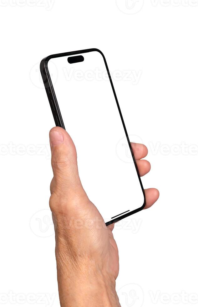 Smartphone mockup. Senior Caucasian woman s wrinkled hand holding a mobile device, tilted to photo
