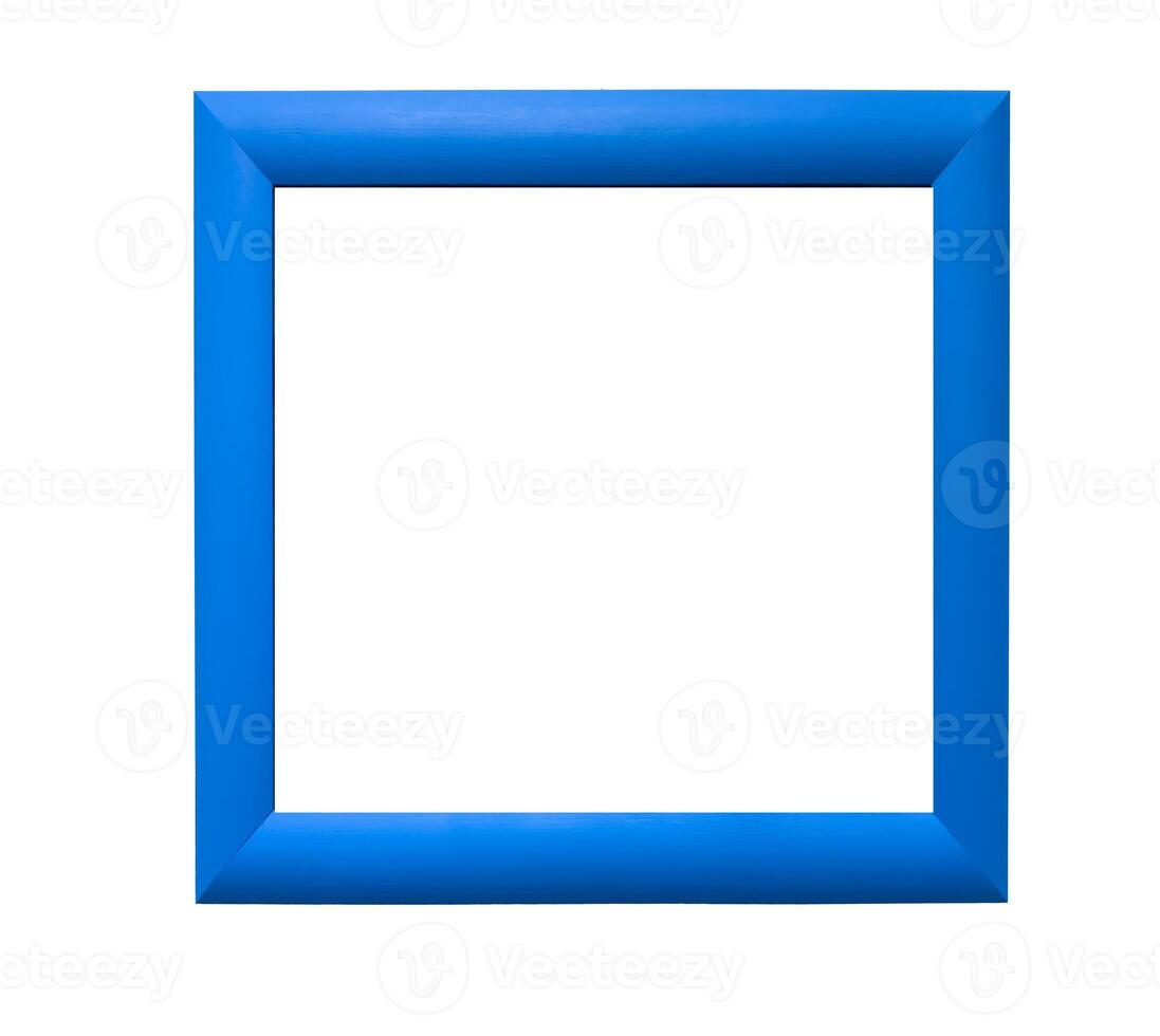 Modern picture frame. Simple square design with a wooden border, bright blue color, and contemporary photo