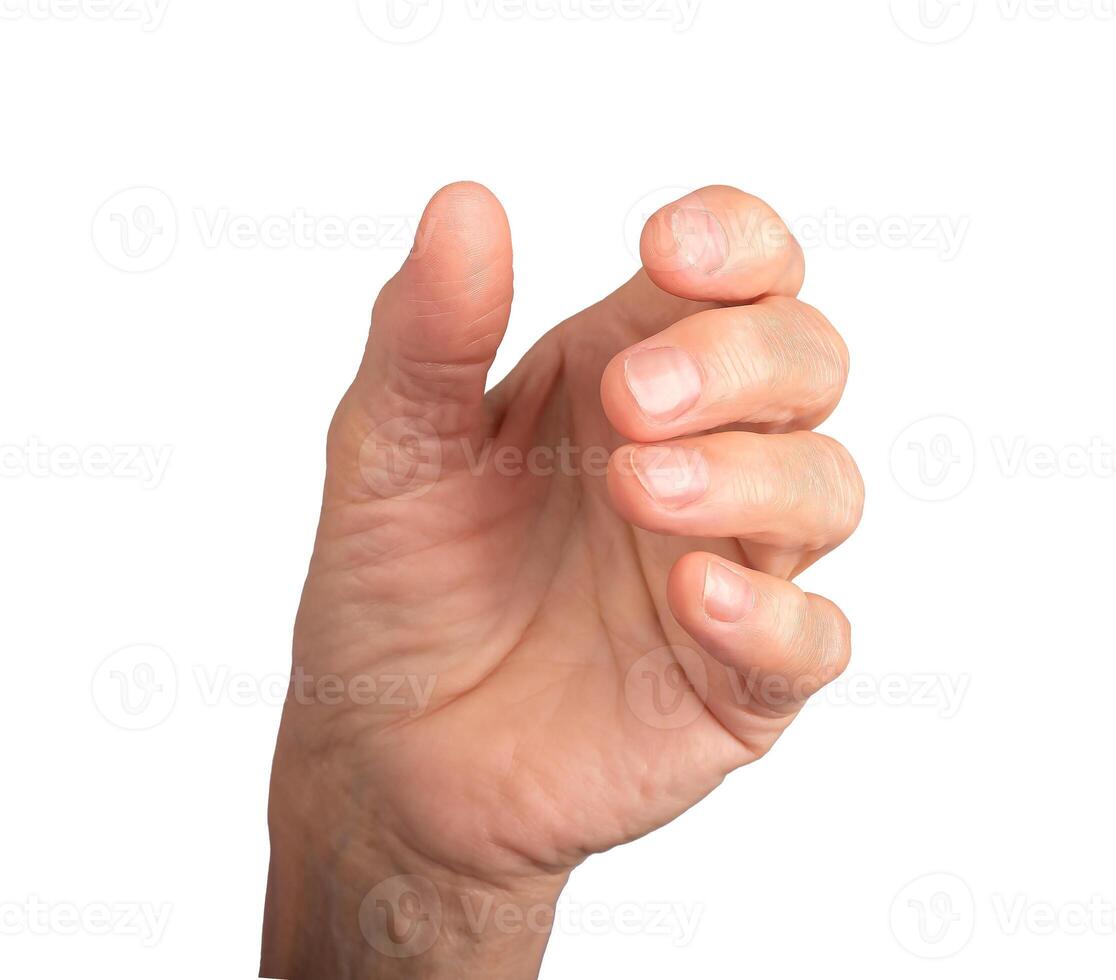 Hand holding gesture. Senior woman s wrinkled hand with fingers curved and palm open, positioned as photo