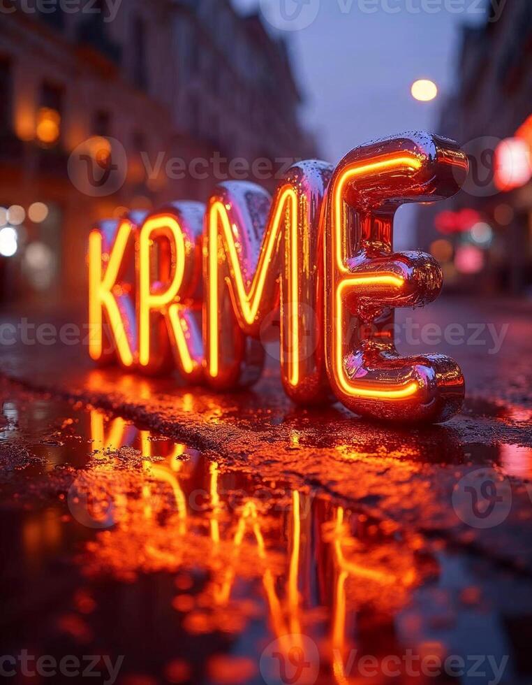 Typography made of liquid chrome, letters reflecting a lively neon-lit cityscape at sunset, where warm orange and purple hues blend into the chrome's surface. photo